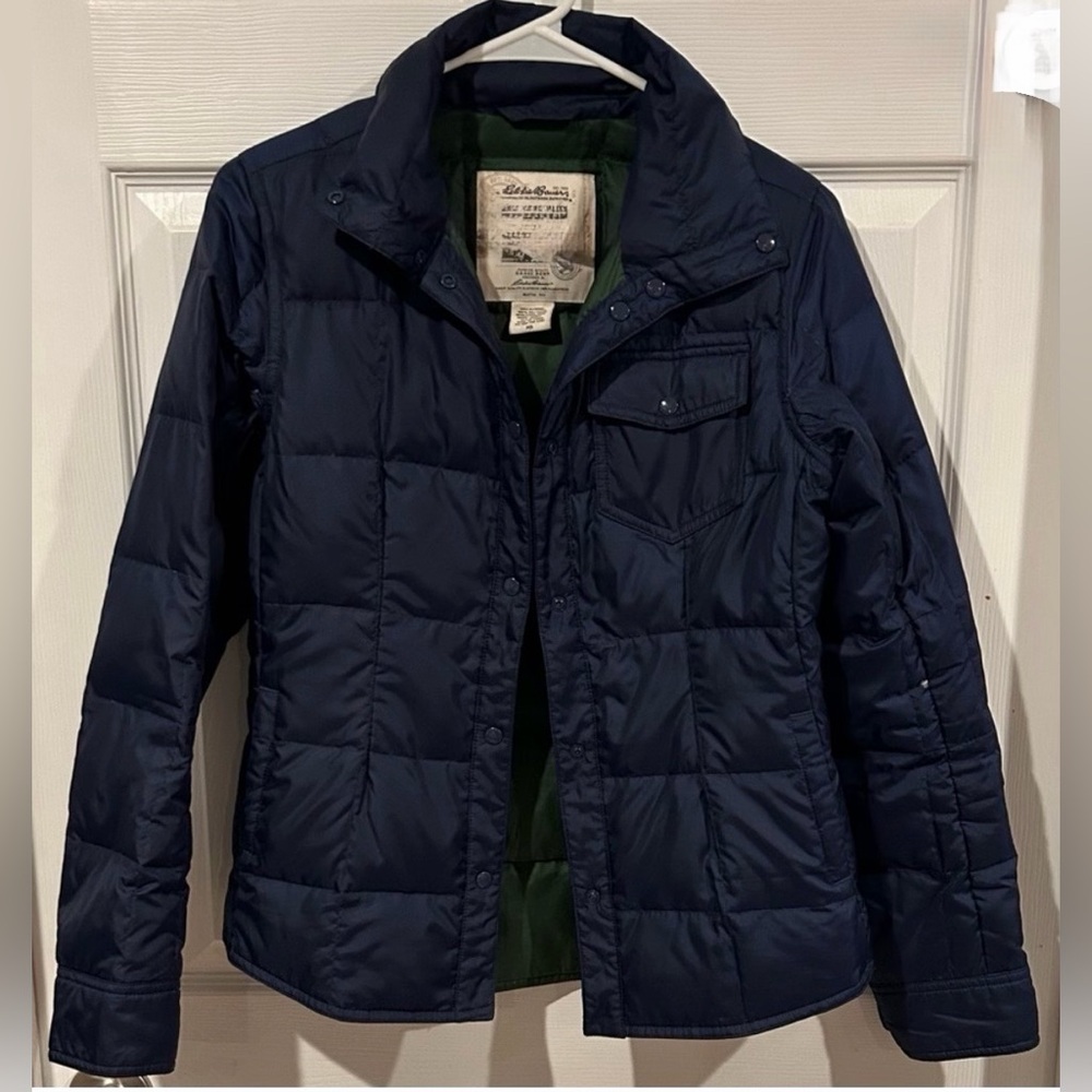 Eddie Bauer Navy Blue Quilted Puffer Jacket with Olive Lining